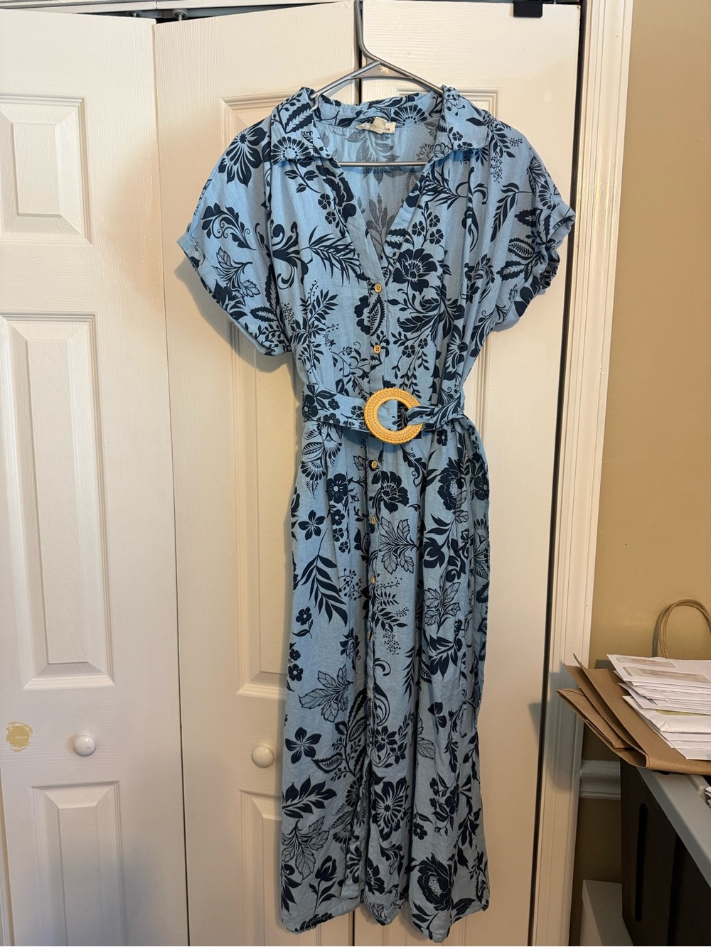 Light Blue Floral Button-Front Midi Dress with Belt